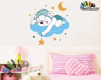 استیکر و برچسب دیواری اتاق کودک خرس خوابیده روی ابر و ماه و ستاره Baby & children`s Wallstickers کد h1358