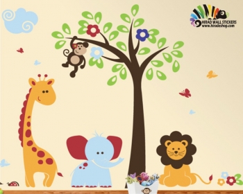 استیکر اتاق کودک جنگل حیوانات ، درخت و میمون، زرافه، فیل، شیر animals wall stickers کد h022