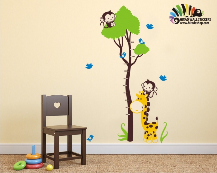 استیکر و برچسب دیواری اتاق کودک خط کش اندازه گیری قد زرافه و میمون و درخت کد h382
