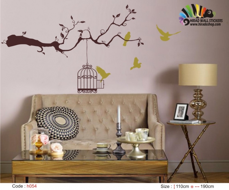  استیکر شاخه قفس و پرندهcage,birds,tree wallstickers کد h054