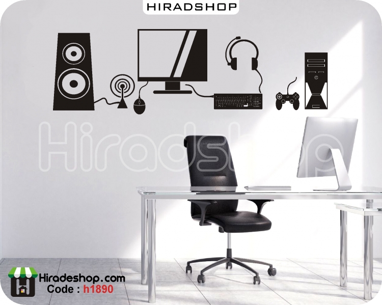 استیکر و برچسب دیواری اداری تکنولوژِی مانیتور کیبورد موس هدفون و کیسMonitor technology, keyboard, mouse, headphones and case wallstickers  کد h1890