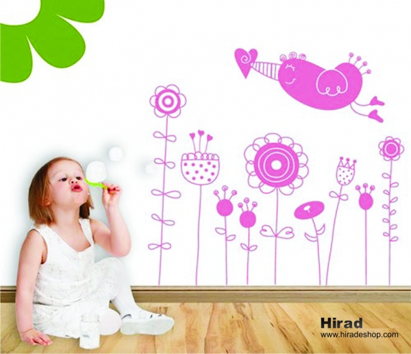 استیکر و برچسب دیواری اتاق کودک پرنده و گلهای فانتزی کد h332