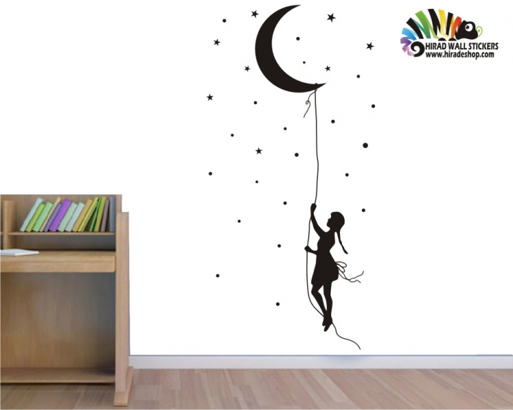 استیکر و برچسب دیواری دختر آویزان از ماه و ستاره کد h128