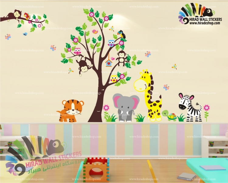 استیکر و برچسب دیواری اتاق کودک جنگل حیوانات، درخت،گور خر،لاک پشت،زرافه،میمون،فیل، ببر،جغد،پرنده کد h1614 استیکر و برچسب دیواری اتاق کودک جنگل حیوانات، درخت،گور خر،لاک پشت،زرافه،میمون،فیل، ببر،جغد،پرنده کد h1614