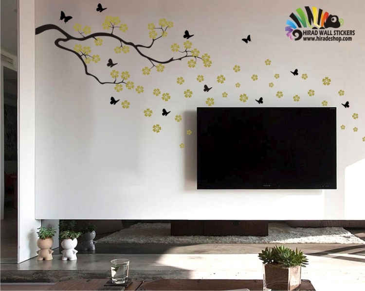 استیکر و برچسب دیواری شاخه شکوفه و پروانه - floral blossom branch & butterfly wallsticker    - کد h001