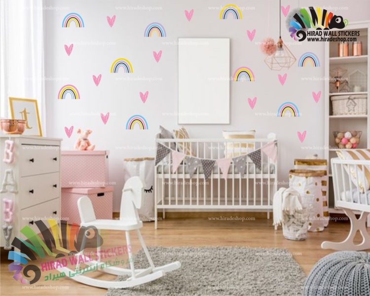 استیکر و برچسب دیواری اتاق کودک پک تکرار شونده رنگین کمان و قلب rainbow and heart wallstickers packکد h1909