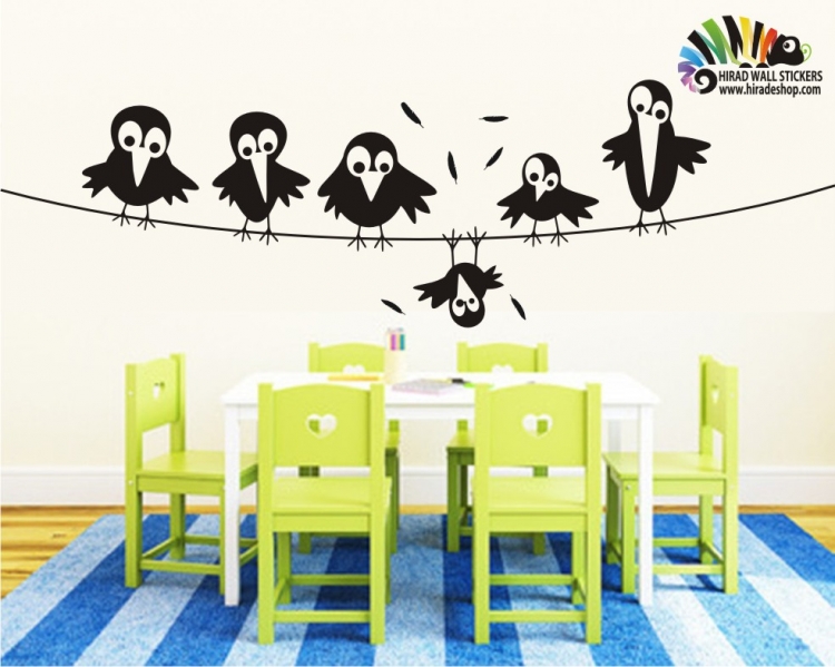 استیکر فانتزی جوجه کلاغ ها روی سیم برق Crow wallstickers کد h063
