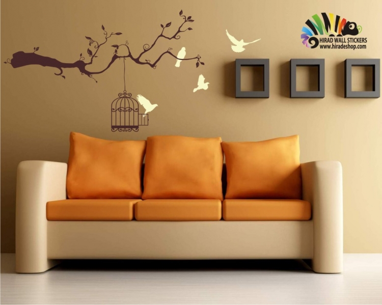  استیکر شاخه قفس و پرندهcage,birds,tree wallstickers کد h054