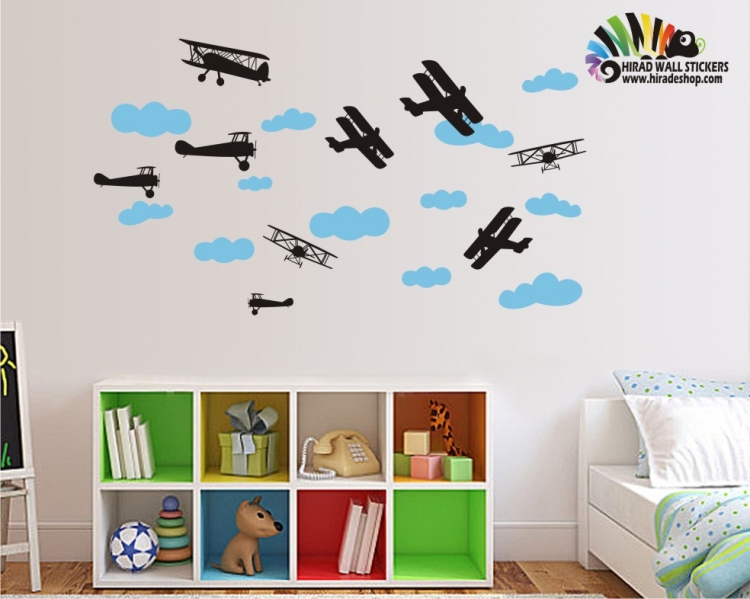 استیکر و برچسب دیواری اتاق کودک هواپیما و ابر کد h159