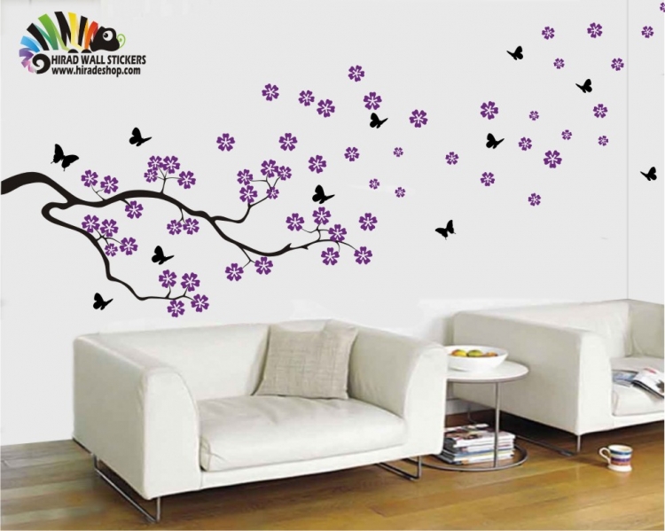استیکر و برچسب دیواری شاخه شکوفه و پروانه - floral blossom branch & butterfly wallsticker    - کد h001