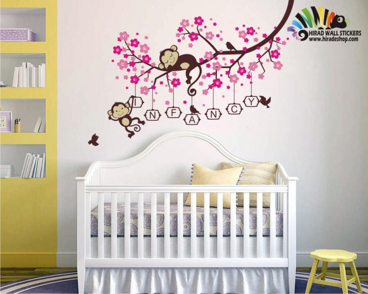 استیکر و برچسب دیواری اتاق کودک میمون و شاخه و شکوفه با اسم دلخواه کد h140