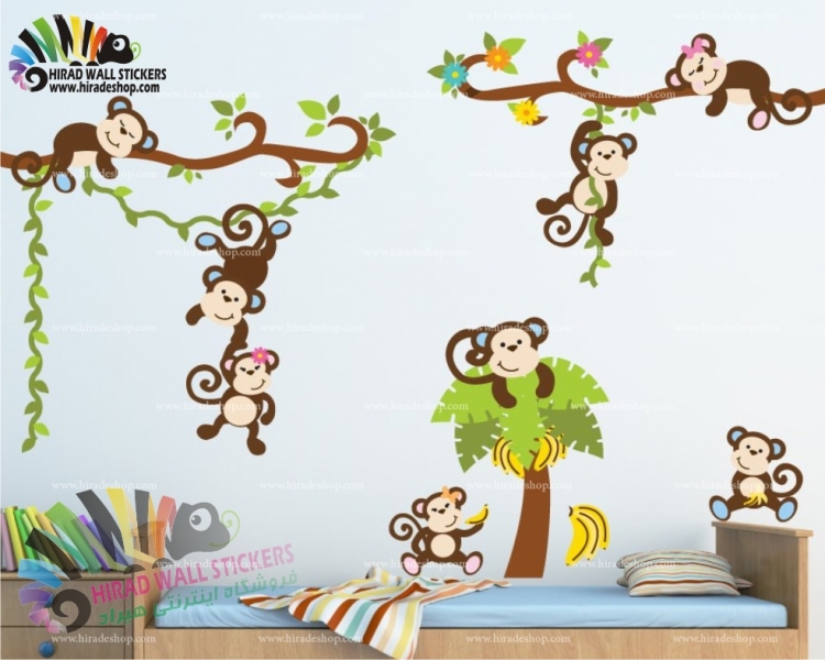 استیکر اتاق کودک شاخه و میمون های بازیگوش دخترانه کد h855