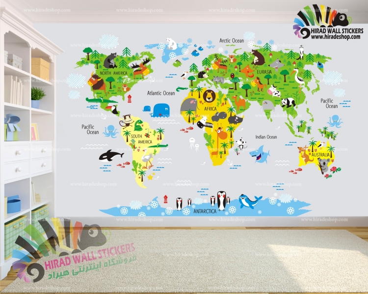 استیکر و برچسب دیواری اتاق کودک نقشه تصویری حیوانات دنیا Visual Map of the Animals of the World Wallstickers کد h1447 استیکر و برچسب دیواری اتاق کودک نقشه تصویری حیوانات دنیا Visual Map of the Animals of the World Wallstickers کد h1447
