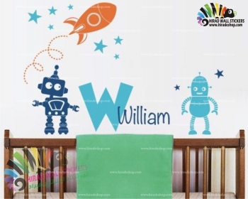 استیکر و برچسب دیواری اتاق کودک ربات و سفینه فضایی و اسم دلخواه کد h1546