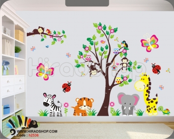 استیکر و برچسب دیواری اتاق کودک جنگل حیوانات میمون و زرافه و فیل و ببر و گورخر و پروانه و کفشدوزک کد h2536