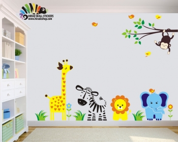 استیکر و برچسب دیواری اتاق کودک حیوانات ، فیل ، شیر ، گور خر ، زرافه ، میمون ،کد h195