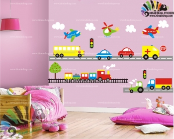 استیکر و برچسب دیواری اتاق کودک شهر شلوغ،ماشین ،هواپیما ، قطار کد h623
