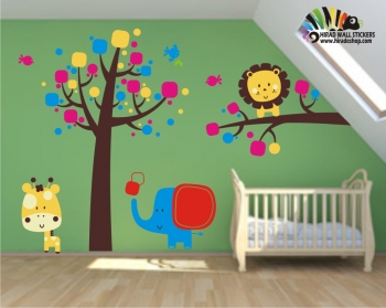استیکر و برچسب دیواری اتاق کودک جنگل حیوانات شیر ،فیل ، زرافه کد h239