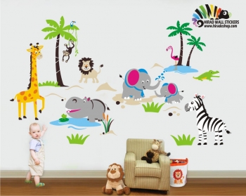استیکر و برچسب دیواری اتاق کودک جنگل حیوانات ( اسب آبی ، فیل ، شیر ، میمون ، زرافه ، فلامینگو ،گور خر ) کد h282 