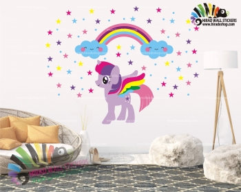 استیکر و برچسب دیواری اتاق کودک تک شاخ ، یونیکورن و ستاره و رنگین کمان و ابر  کد h1517