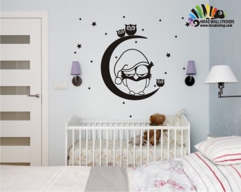 استیکر و برچسب دیواری اتاق کودک جغد در ماه کد h059