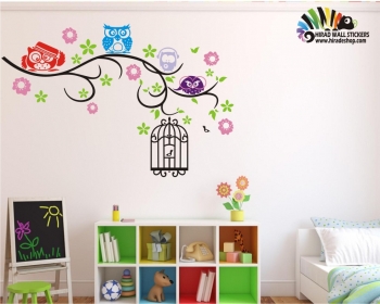 استیکر اتاق کودک شاخه و جغد و قفس tree,owl,cage wallstickers کد h046