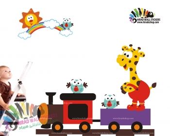 استیکر و برچسب دیواری اتاق کودک قطار زرافه و خورشید و رنگین کمان کد h1549