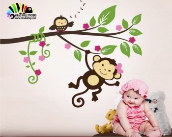 استیکر و برچسب دیواری اتاق کودک حیوانات ، شاخه و میمون و جغد  کد h037