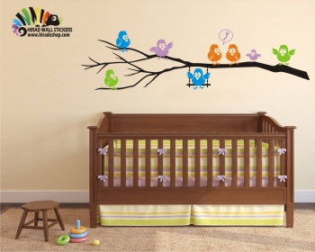 استیکر و برچسب دیواری اتاق کودک شاخه و جوجه پرنده رنگی کد h012