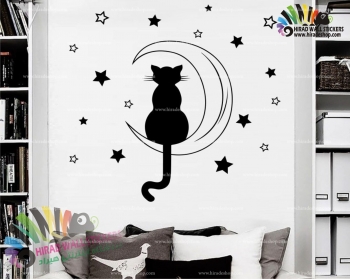 استیکر و برچسب دیواری اتاق کودک گربه روی ماه و ستاره ها کد h1528