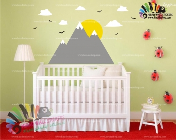 استیکر و برچسب دیواری اتاق کودک و نوزاد طرح ابر و پرنده و خورشید و کوهستان ، moumtain کد h1284