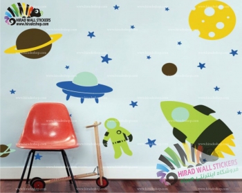 استیکر و برچسب دیواری اتاق کودک موشک و فضا نورد و سیاره ها و ستاره ها کد h1559