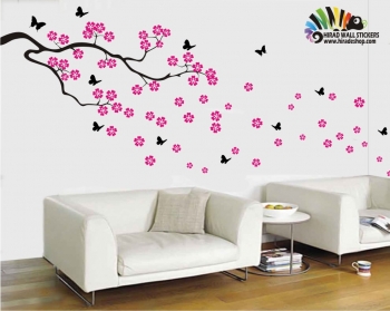 استیکر و برچسب دیواری شاخه شکوفه و پروانه - floral blossom branch & butterfly wallsticker    - کد h001