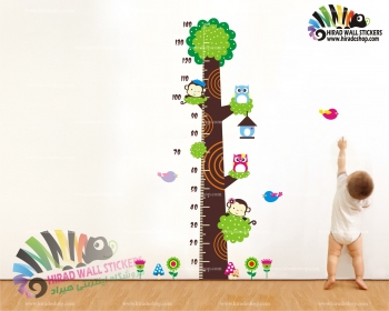 استیکر و برچسب دیواری اتاق کودک خط کش و اندازه گیری قد درخت ، میمون و جغد کد h1583