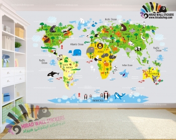 استیکر و برچسب دیواری اتاق کودک نقشه تصویری حیوانات دنیا Visual Map of the Animals of the World Wallstickers کد h1447